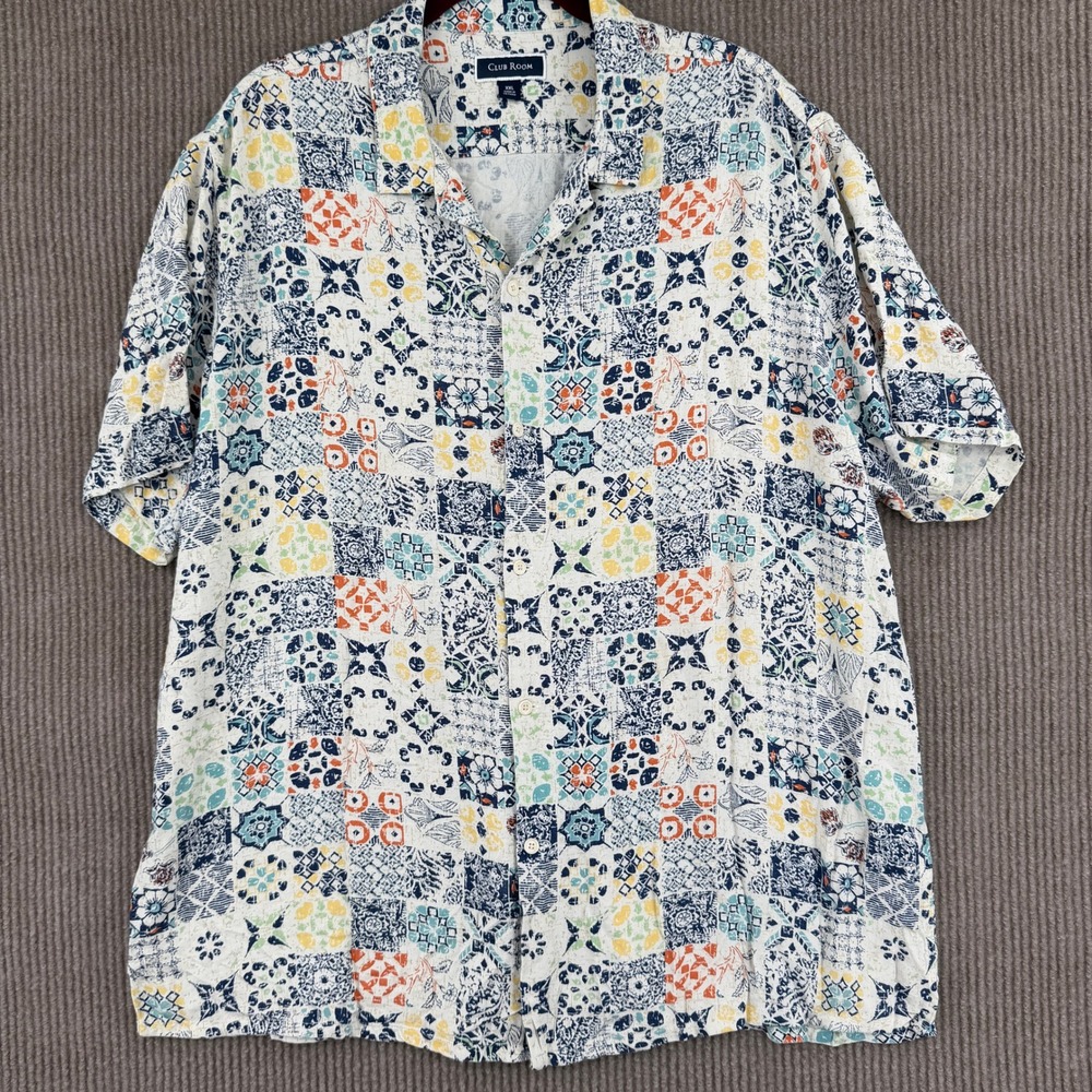 Club Room Button Down Mens XXL White Silk Blend Patchwork Print Short Sleeve